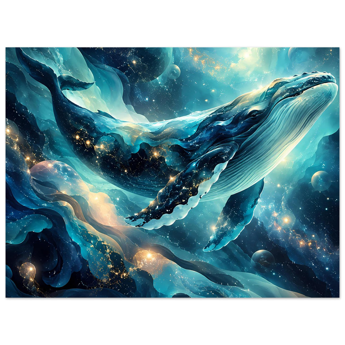 Horizontales Ozean-Poster mit Wal und goldenen Lichtpunkten vor blauem Meer