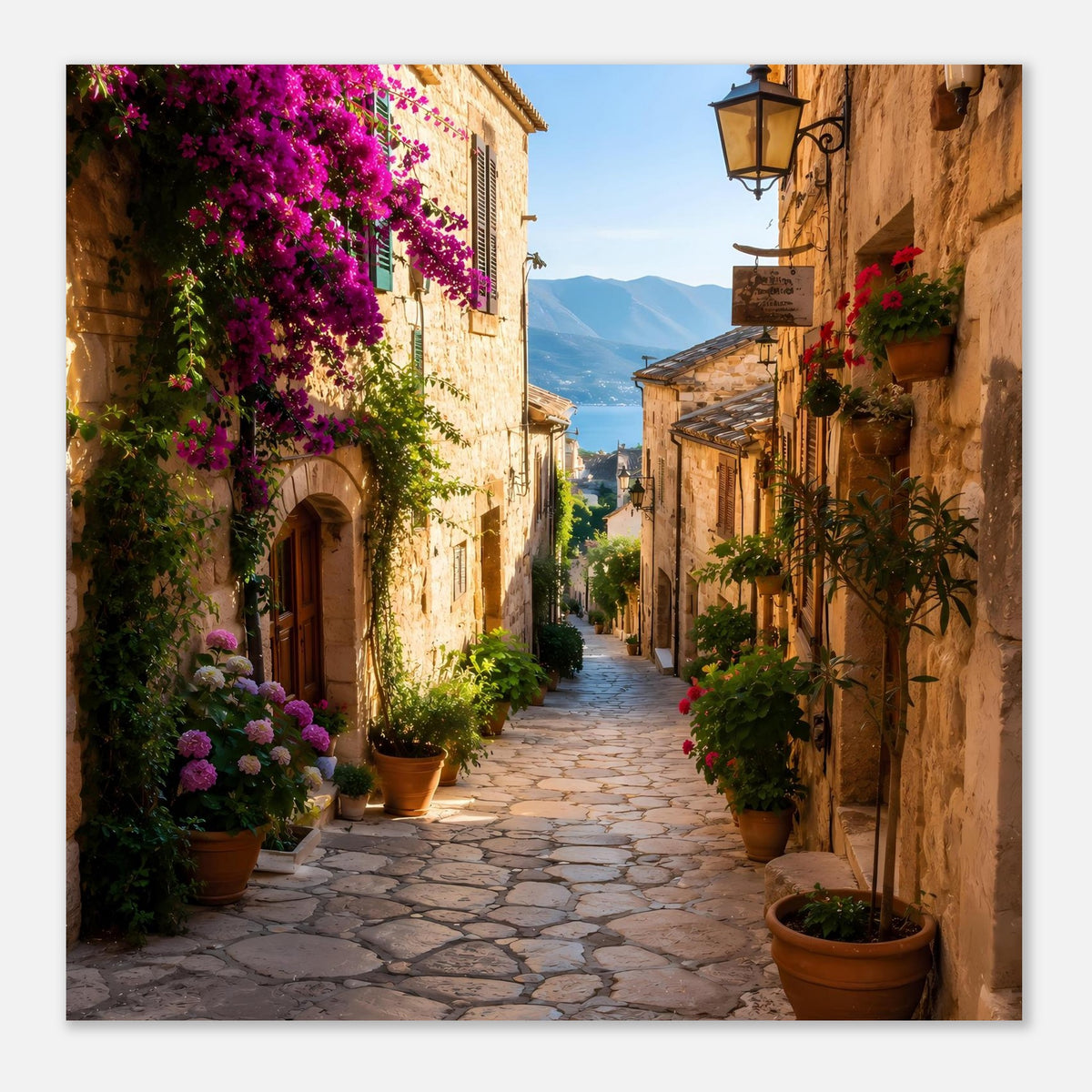 Poster: sonnige mediterrane Gasse mit violetten Blüten an Hauswänden und Töpfen