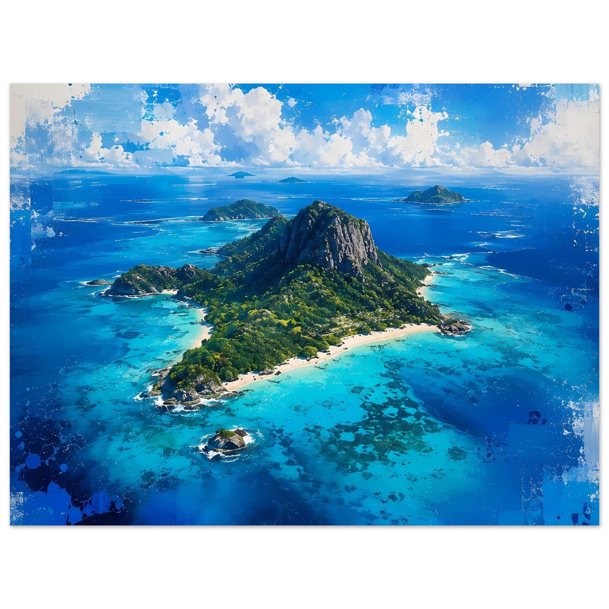 Poster einer tropischen Insel mit grünem Felsberg und türkisblauem Meer