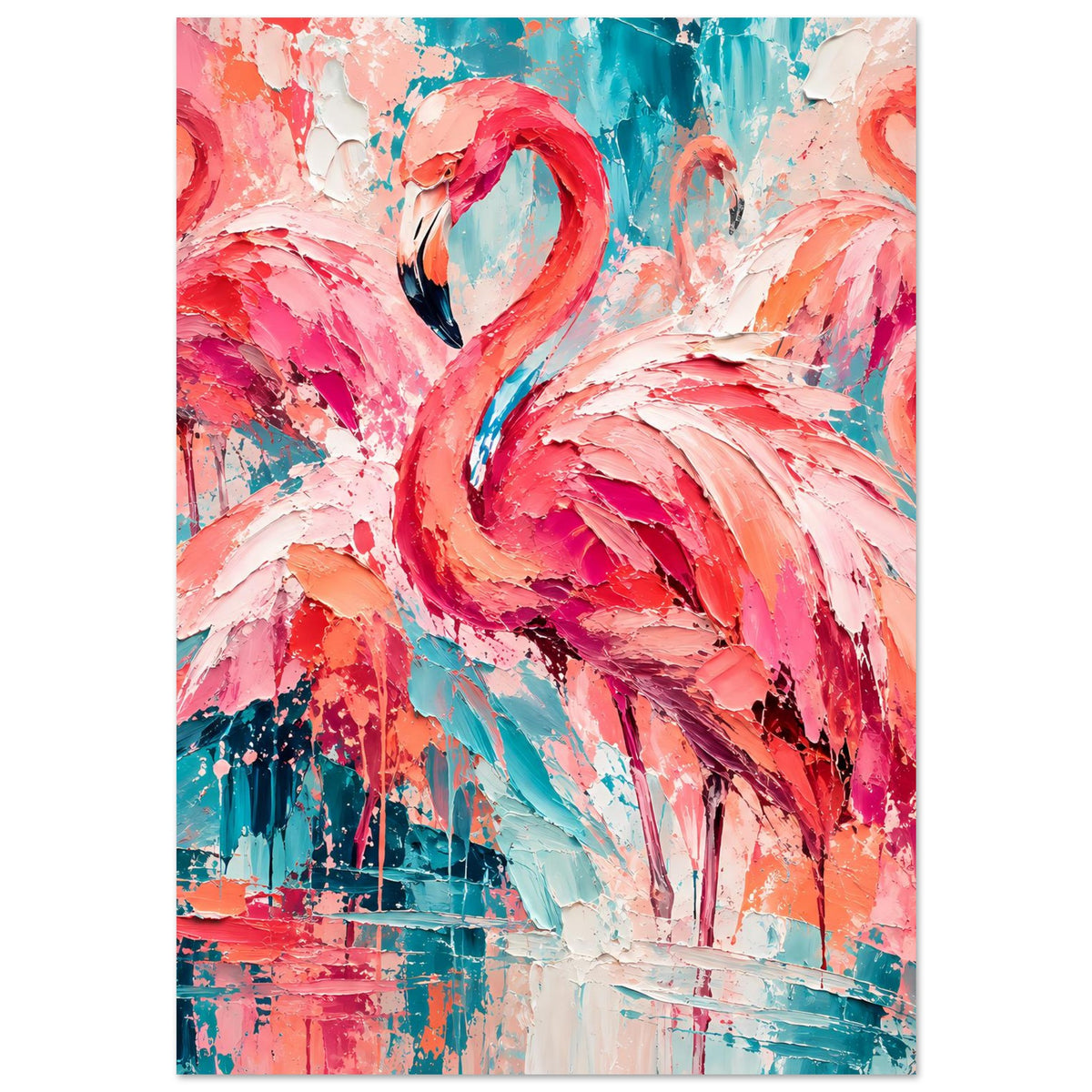 Poster: abstrakter Flamingo in Pink/Türkis mit geschwungenem Hals und Schraffuren