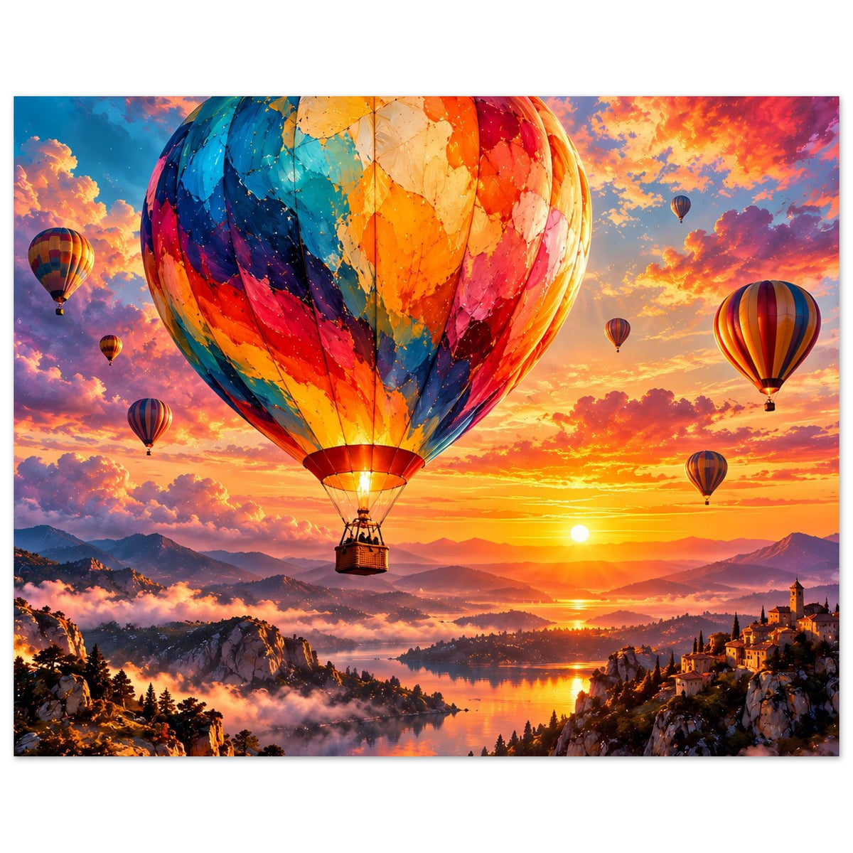 Wandposter Panorama mit mehreren Heißluftballons, großer Ballon bei orangefarbenem Sonnenuntergang