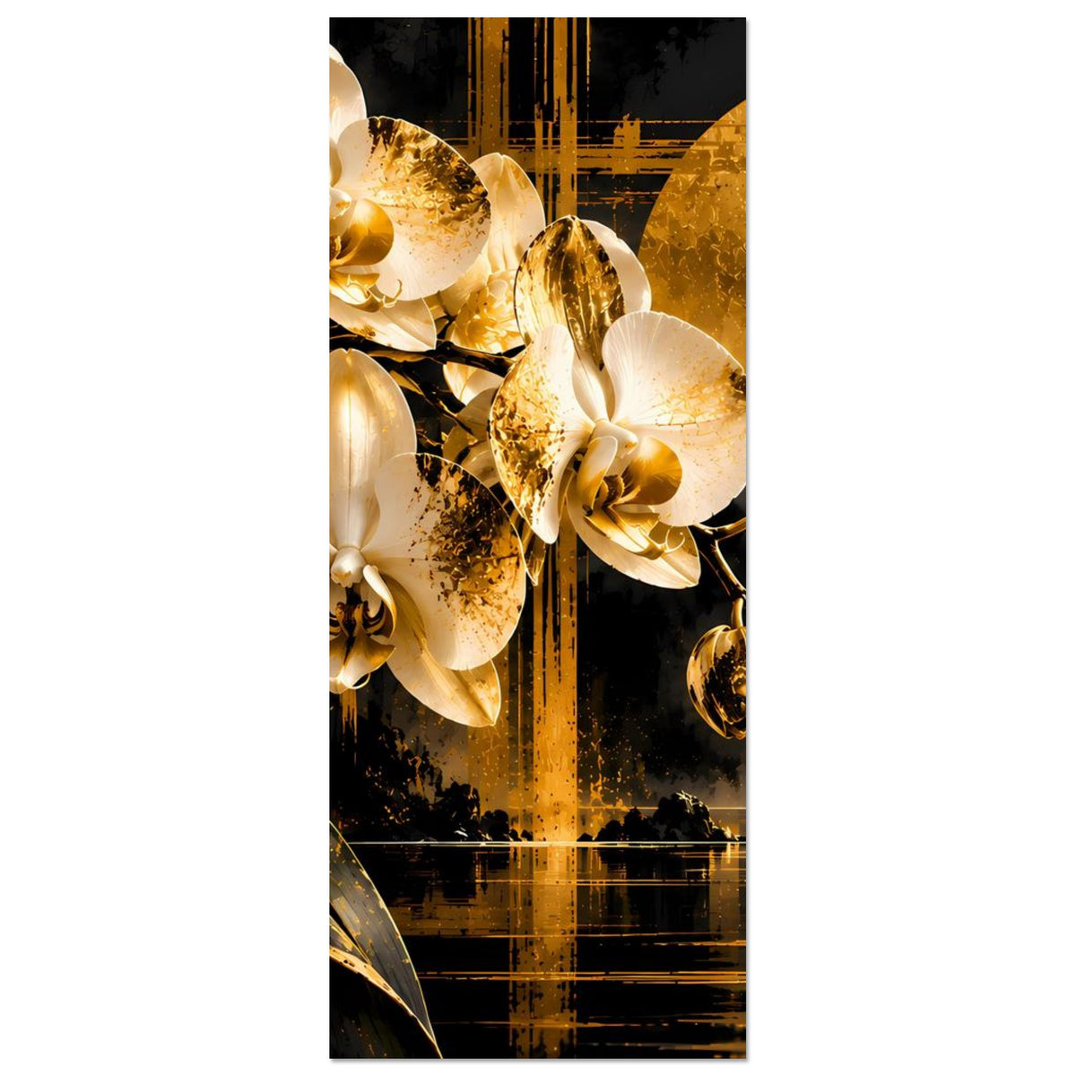 Vertikales Poster: weiße Orchideen und goldene Kugeln vor gelber Mondscheibe