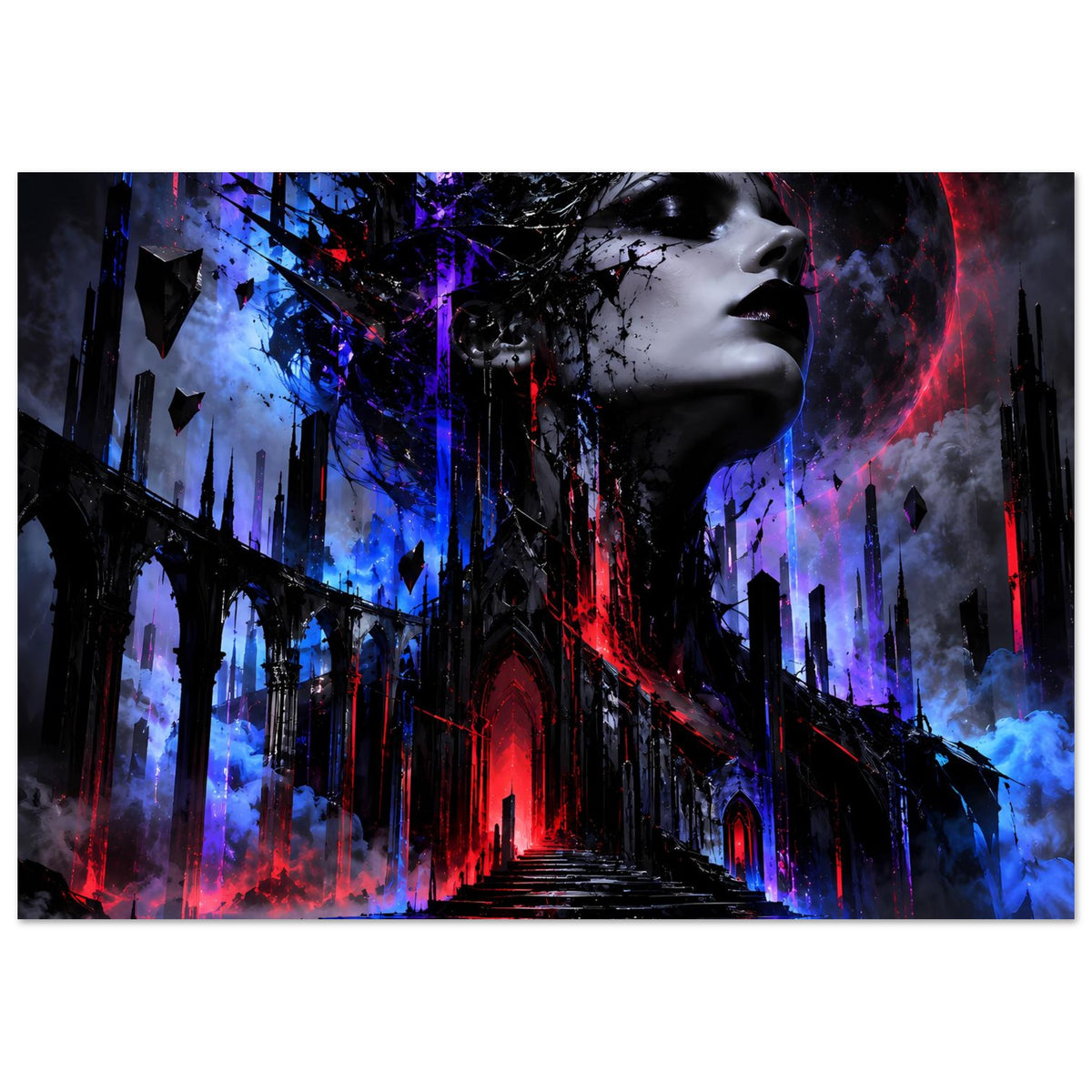 Gothic-Fantasy-Poster mit düsterer Frauenfigur im Neon-Licht vor einer verfallenen Stadt