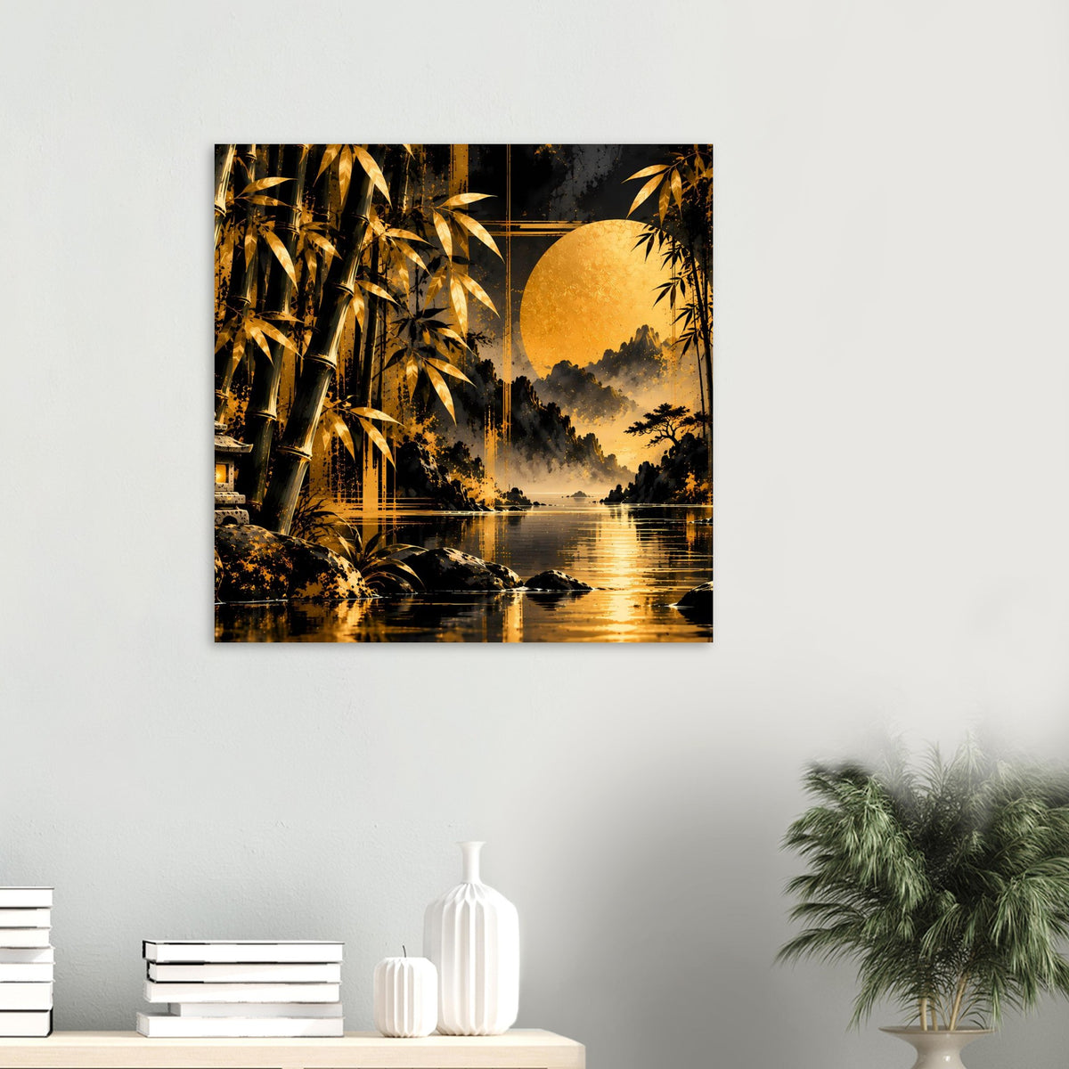 Poster mit goldener Bambuslandschaft, Fluss im Sonnenuntergang und dunklem Himmel