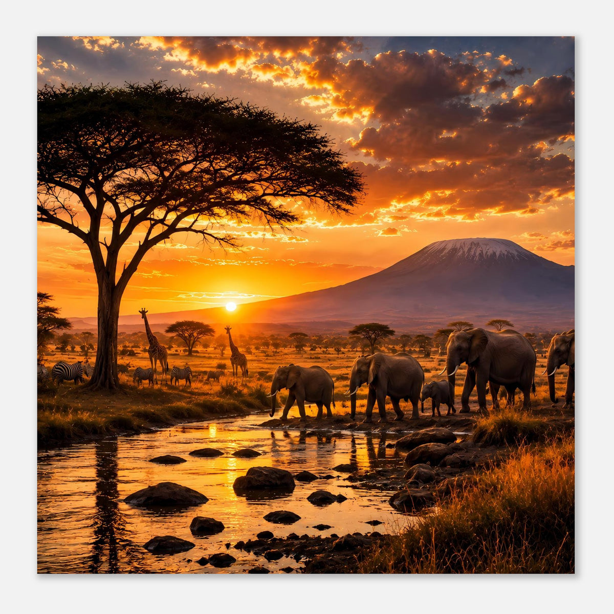 Safari-Poster mit Elefanten und Akazienbaum, Sonnenuntergang über einer savannenartigen Landschaft