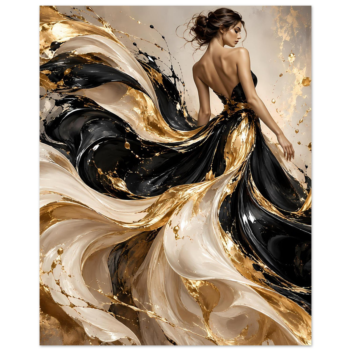 Kunstposter im Hochformat: abstrakte Wirbel, Rückenfigur in Schwarz und Gold, Elfenbein