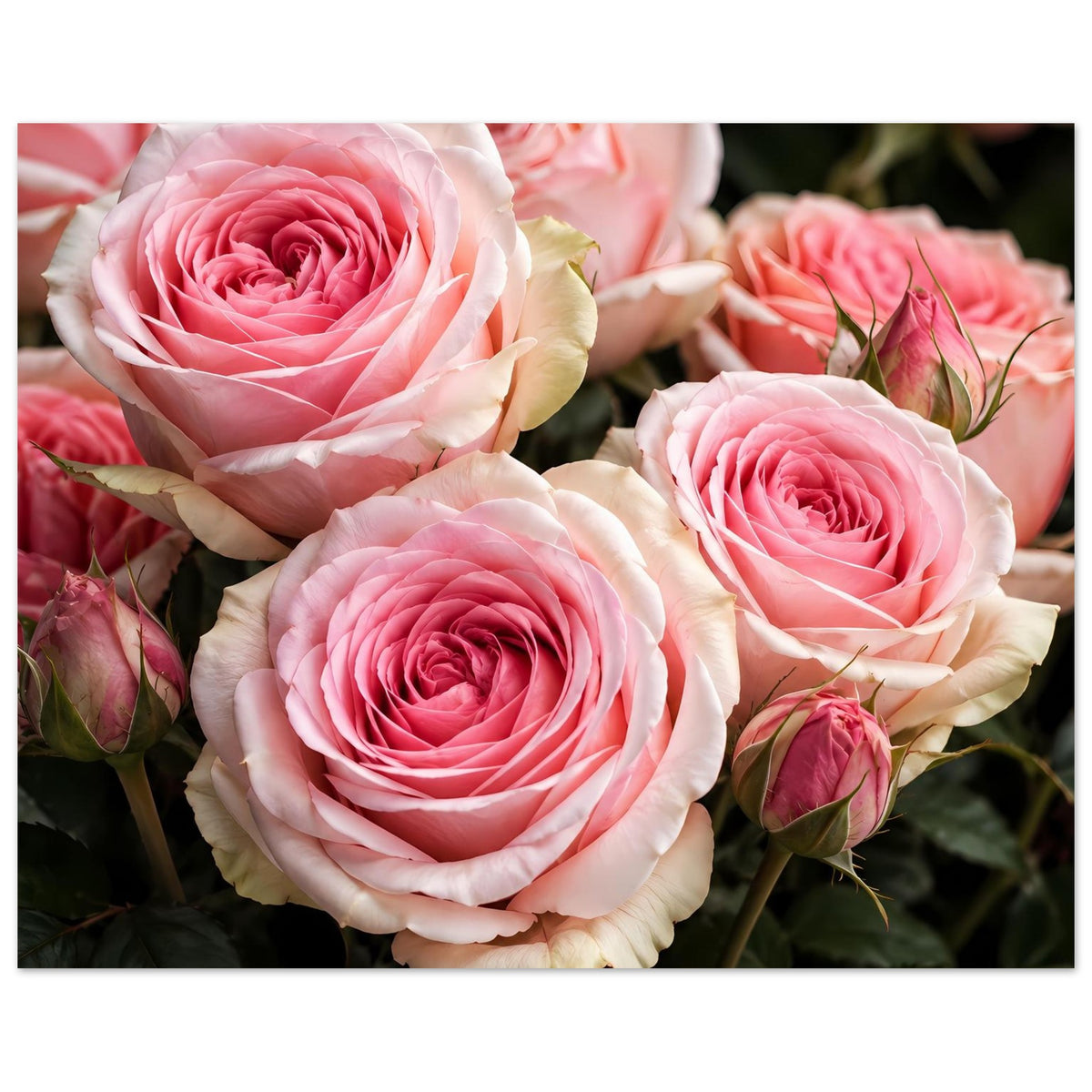 Poster mit rosa Rosenblüten und cremeweißen Blütenblättern, drei Blüten und Knospen