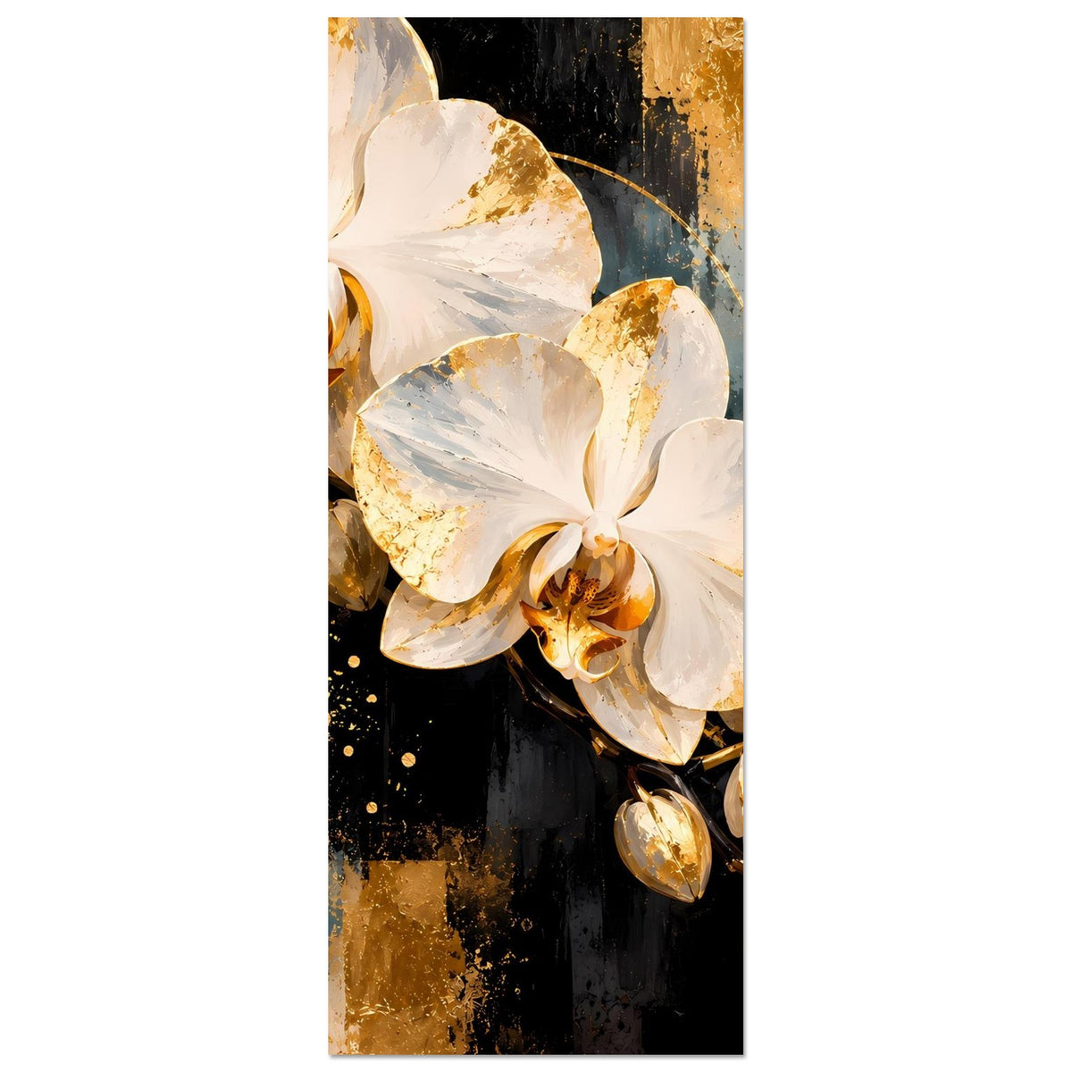 Hochformat-Poster mit weißen Orchideenblüten und goldenen Akzenten, schmaler Bildausschnitt