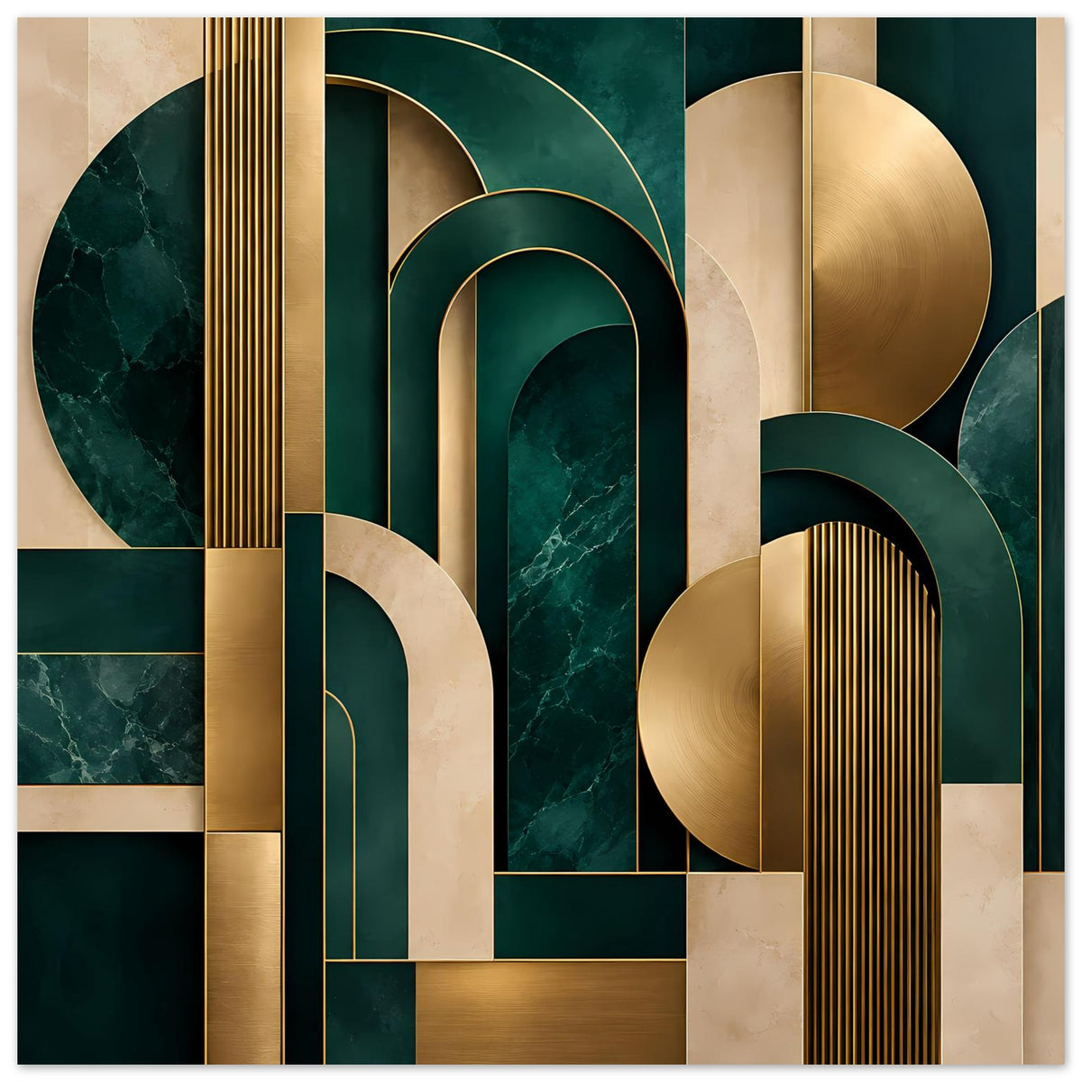 Art-Deco-Poster in Gold und dunkelgrün: große Kreisbögen und rechteckige Akzentflächen