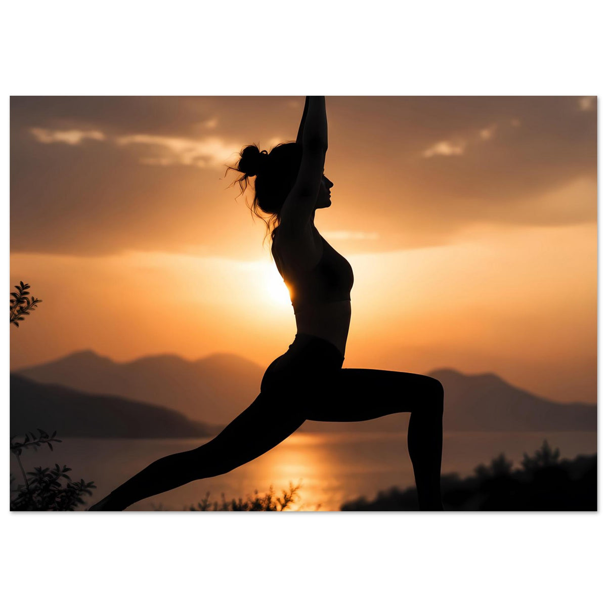 Yoga-Poster: Silhouette einer Yogastellung im Sonnenuntergang, einbeinige Balance