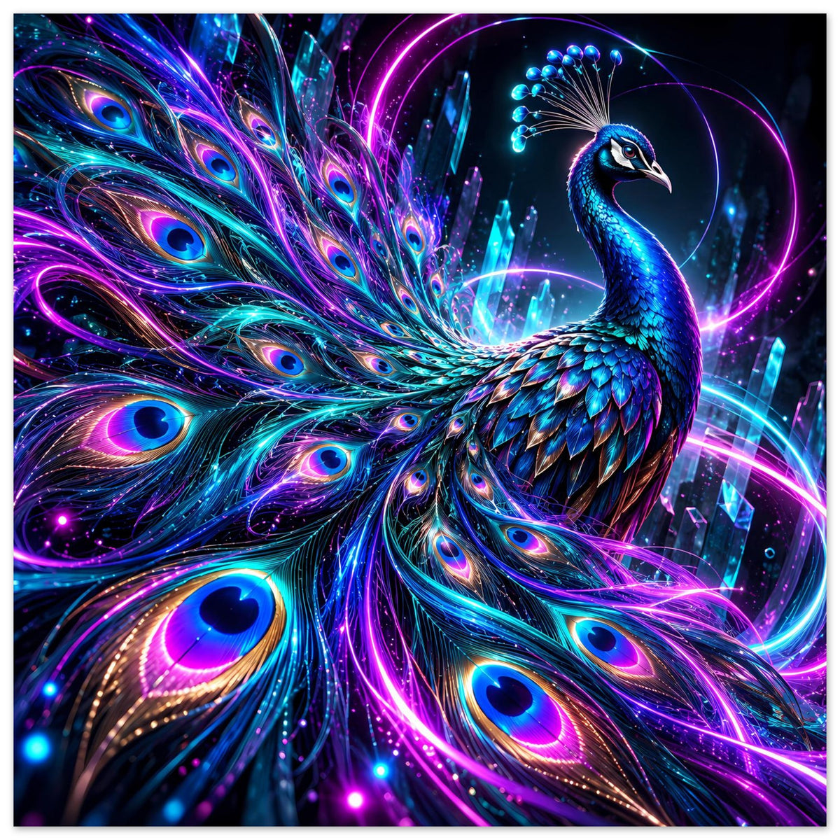 Pfauenposter im Neonstil: blauer Pfau mit funkelnden Federn und violetten Lichtlinien