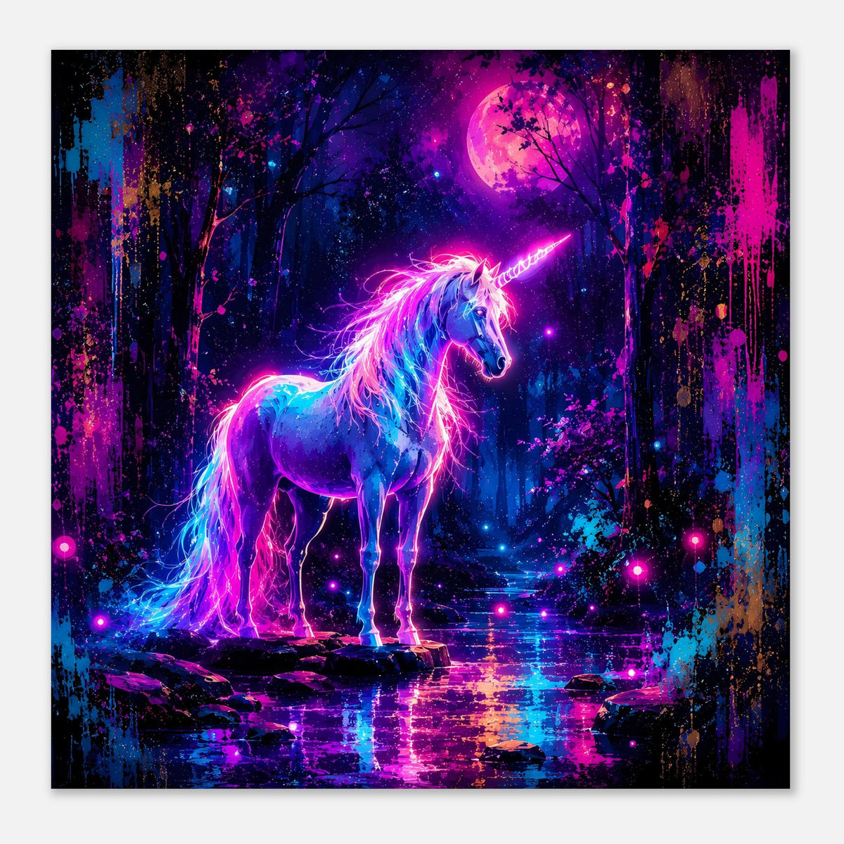 Poster mit Einhorn-Motiv, leuchtende Farben an Fell, Horn und Hufen