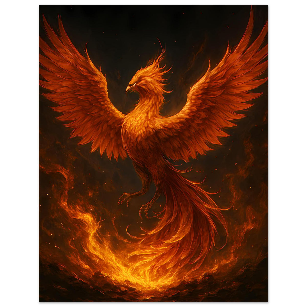 Poster im Hochformat mit Phönix-Design in Orange und Gelb, Flammen und Rauch