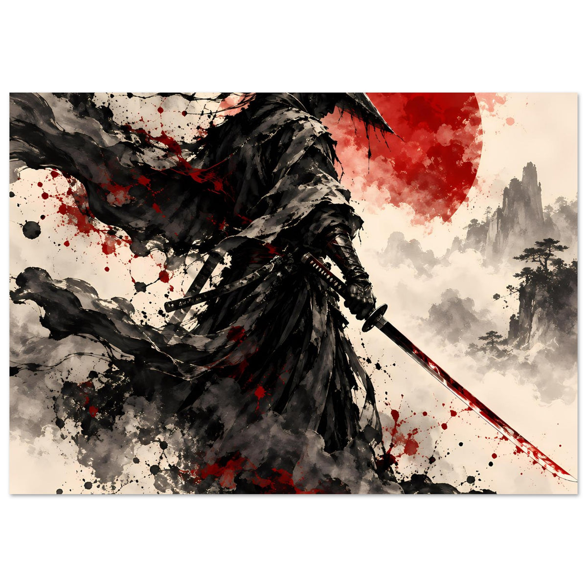 Samurai-Krieger-Poster mit roter Sonne, Silhouette des Kriegers und Katana, quer