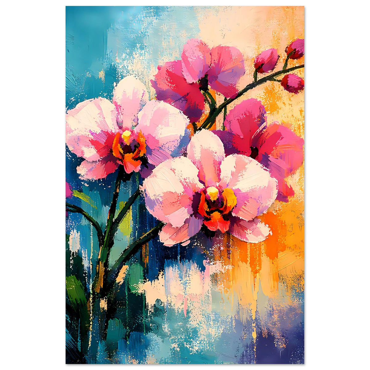 Vertikales Blumenposter mit pinken, weißen und gelben Blüten, abstrakter Farbmischung