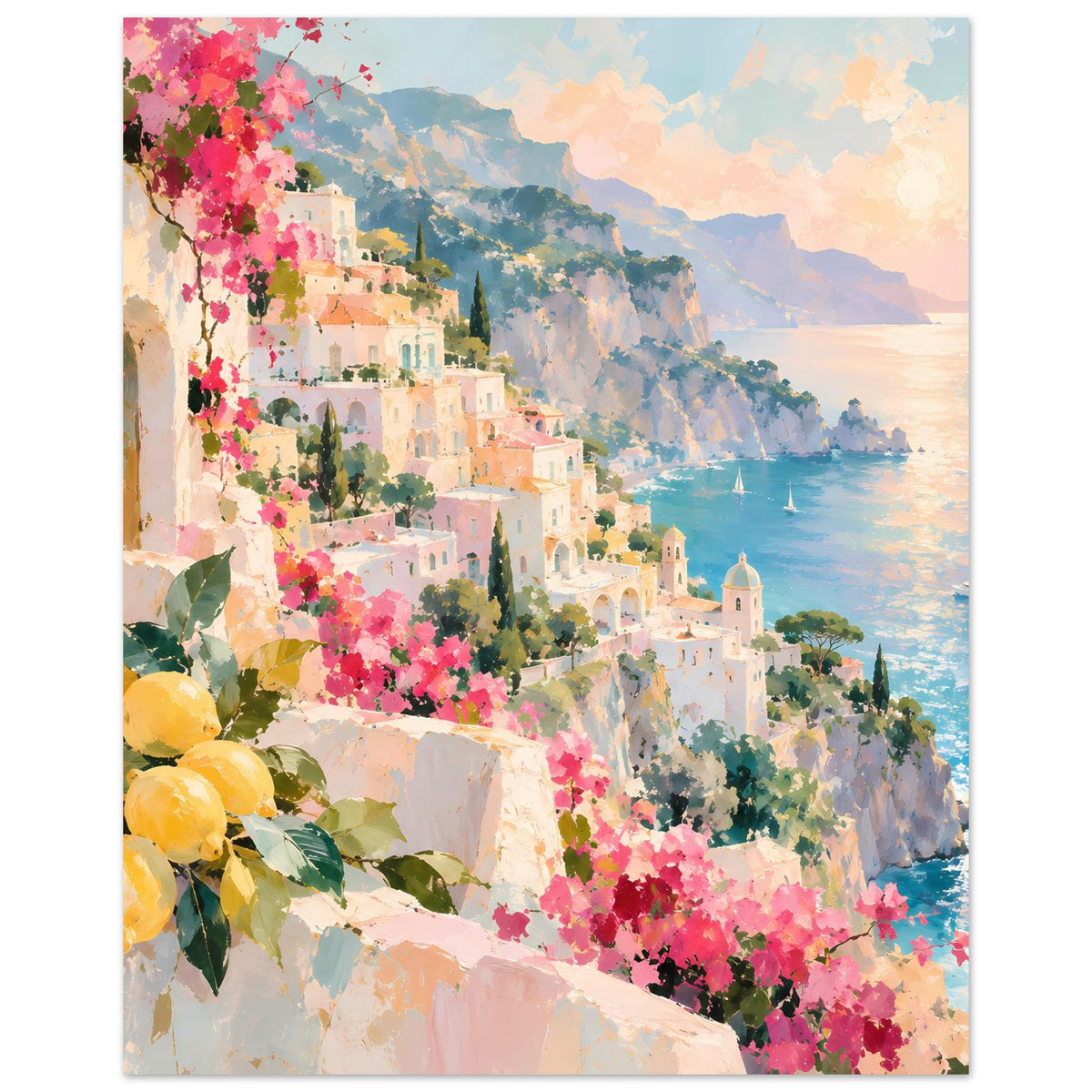 Mediterranes Küstenstadt-Poster im Vertikalformat, pinke Blüten, Zitronen und Küste