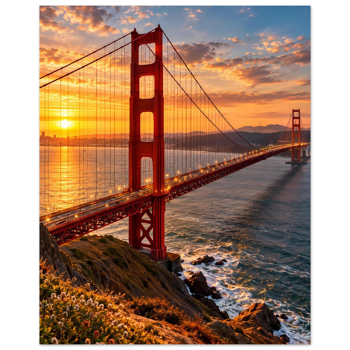 Wandposter mit Golden Gate Bridge bei Sonnenuntergang, rot beleuchtet, Hochformat