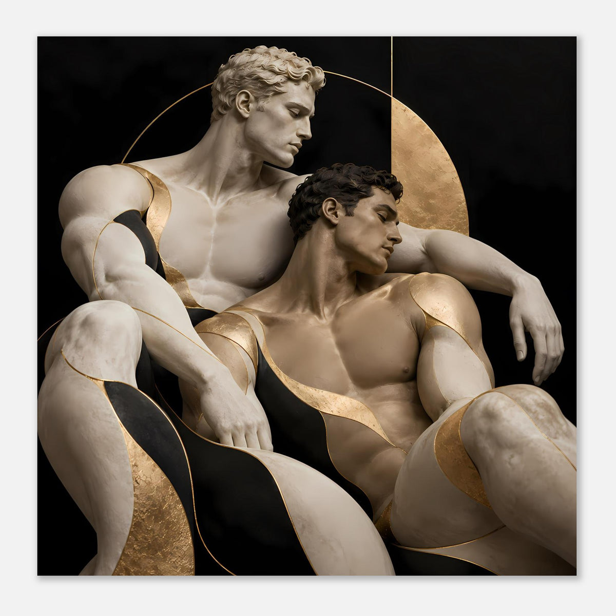 Poster mit nackten Figuren in Schwarz und Gold, goldene Bögen um die Silhouetten