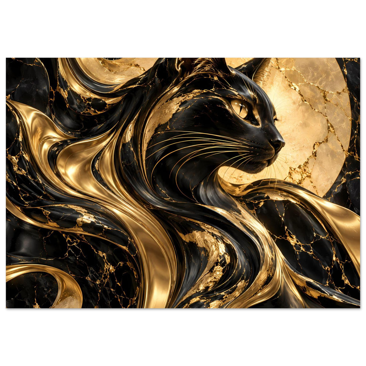 Poster mit abstraktem Katzenmotiv in Gold und Schwarz, stilisierte Ornamente, querformat
