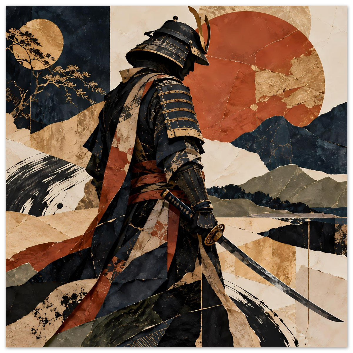 Samurai-Silhouette-Poster, stehender Krieger mit Schwert, erdige Patchwork-Grafik in Braun und Blau