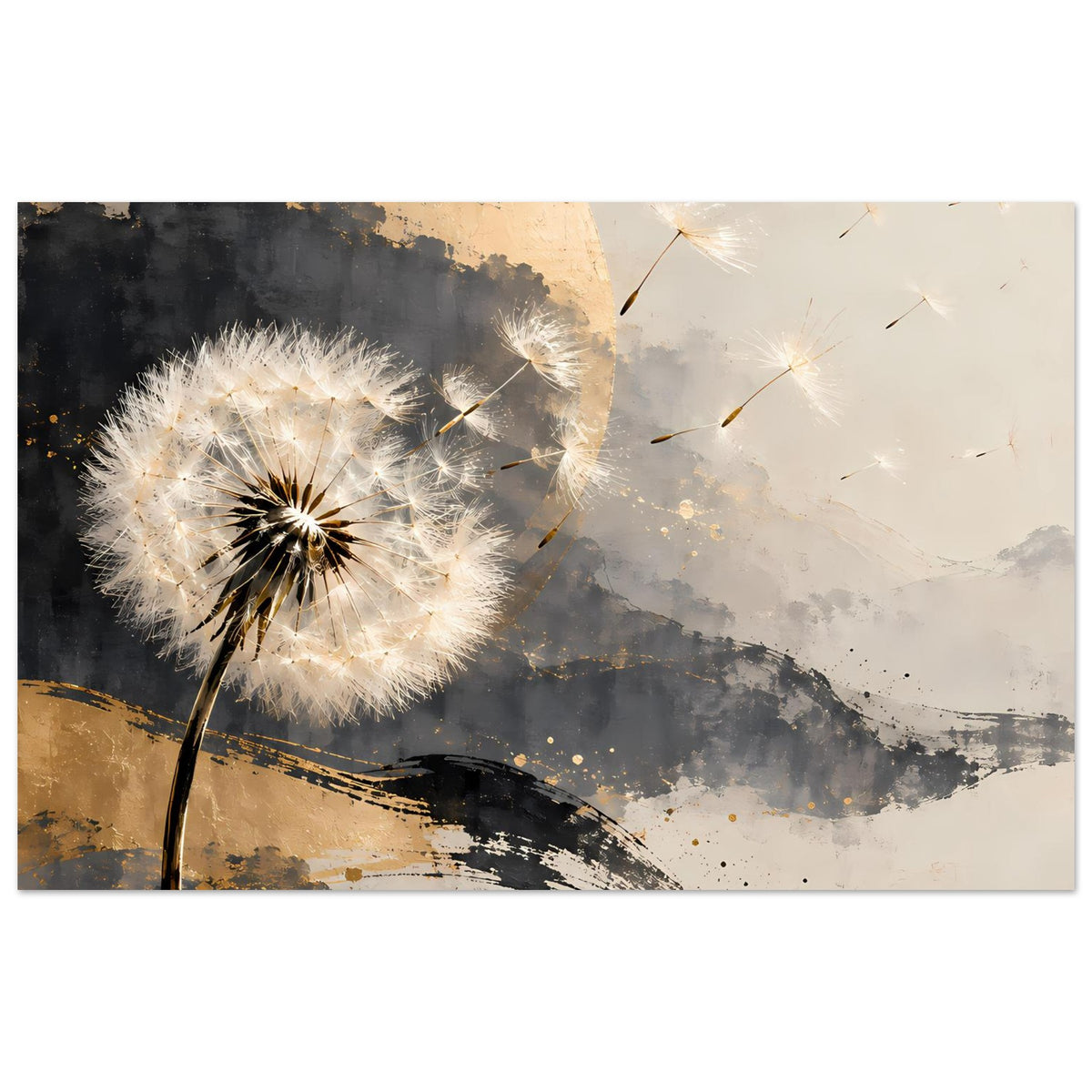 Kunstposter mit Pusteblume, Gold- und Grautönen, abstrakte Pinselstreifen und Sprenkel