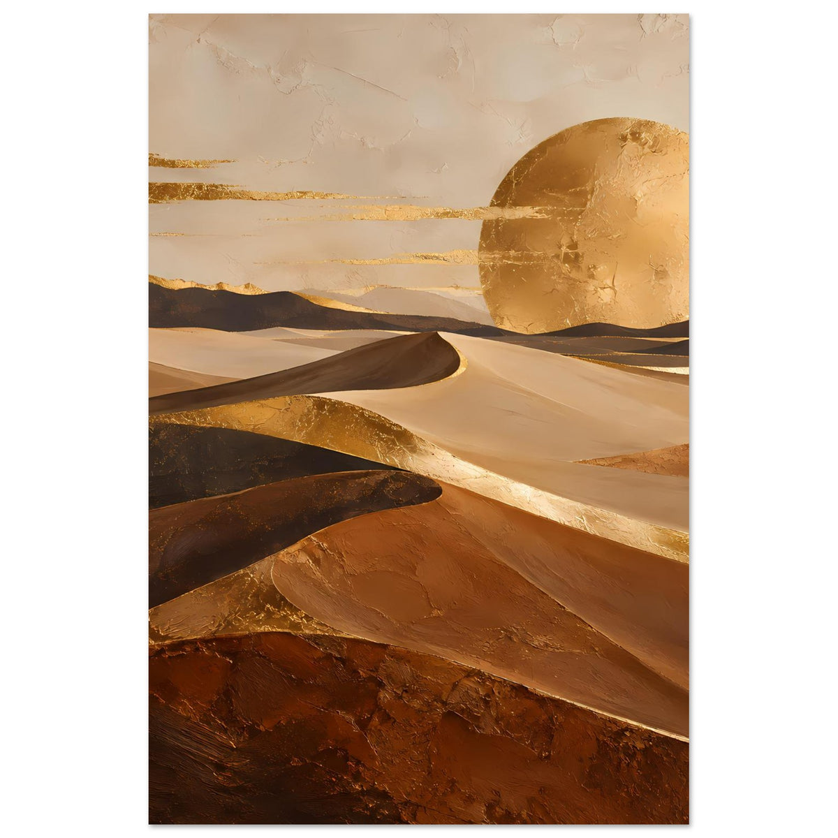 Vertikales Wüstenlandschafts-Poster mit goldenem Mond/Sonnenkreis und Dünen, warme Braun-Goldtöne, gerahmt