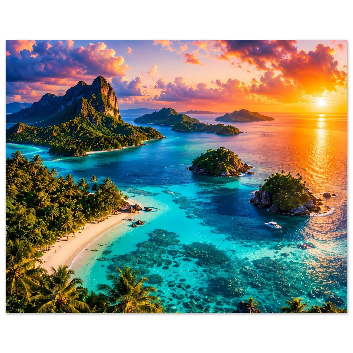 Horizontales Poster: Sandstrand, Palmen und Inseln im türkisblauen Meer beim Sonnenuntergang