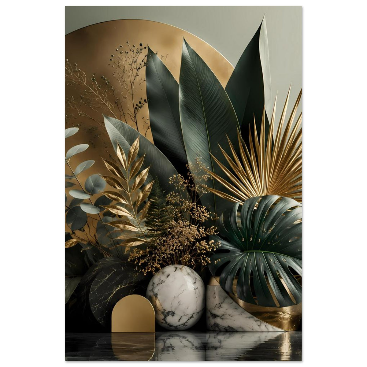 Botanisches Poster im Hochformat mit goldener Bögenform, dunklen Blättern und Marmordetails.