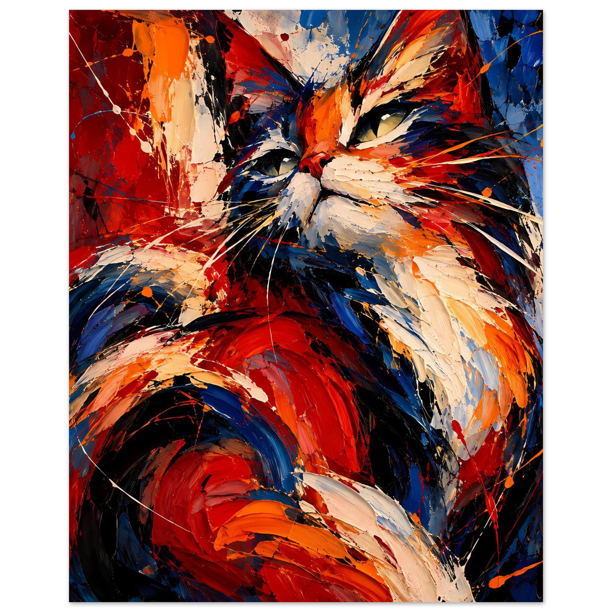 Abstraktes Katzenkopf-Poster mit kräftigen Pinselstrichen in Rot, Blau, Orange und Beige