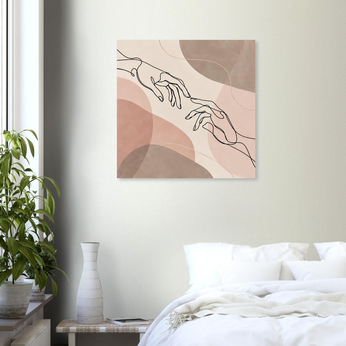 Quadratisches Wandbild mit feiner Linienhandzeichnung in warmen Erdtönen
