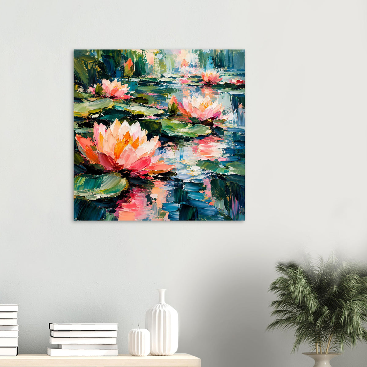 Kleines quadratisches Seerosen-Poster mit rosa Blüten und blauen Wasserflächen