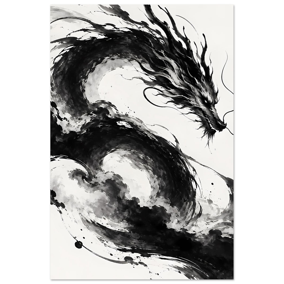Poster mit schwarz-weißer Drachenillustration, senkrechter Ausschnitt mit Kopf und Schweif