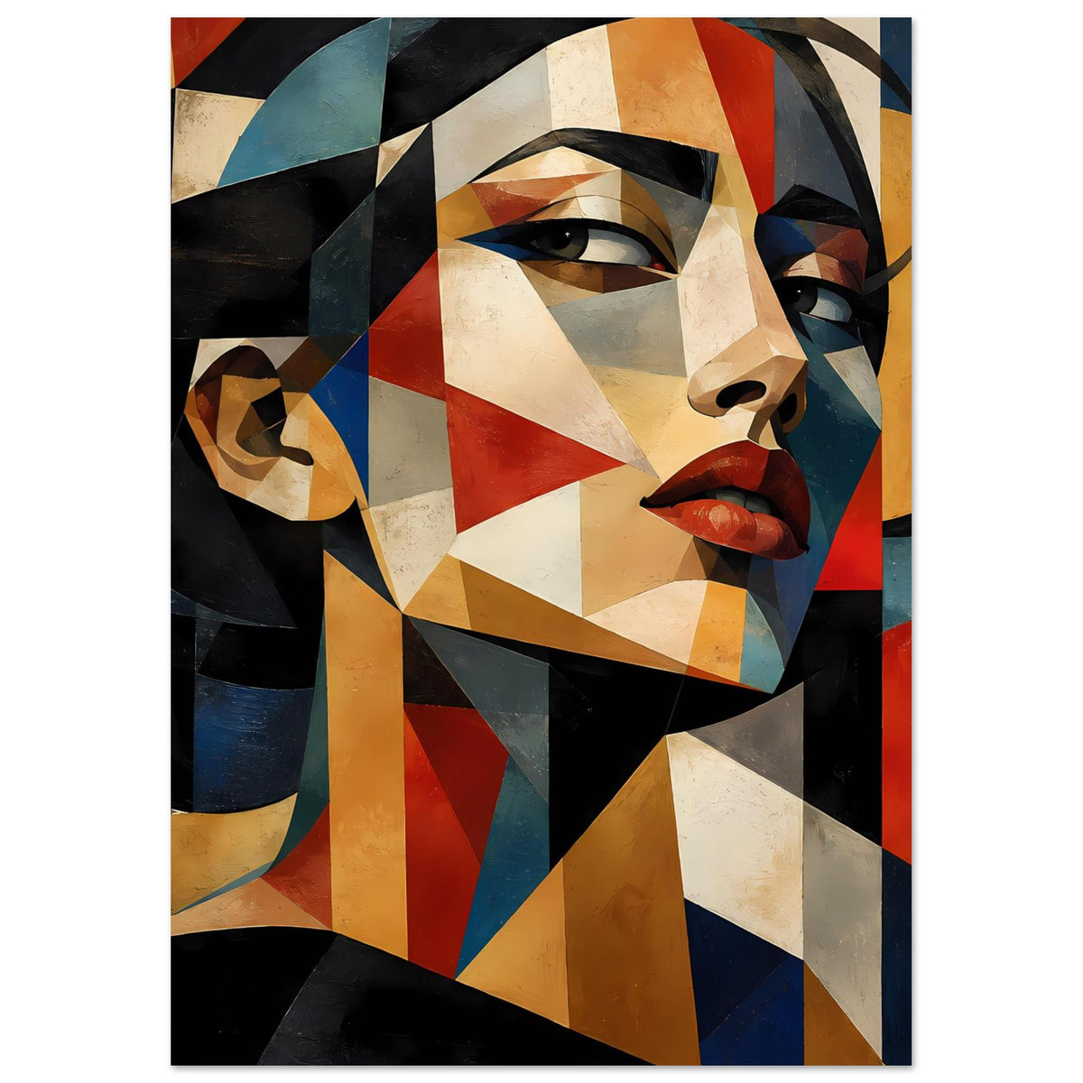 Geometrisches Portraitposter mit Nahansicht des Frauengesichts in warmen Rot- und Cremetönen