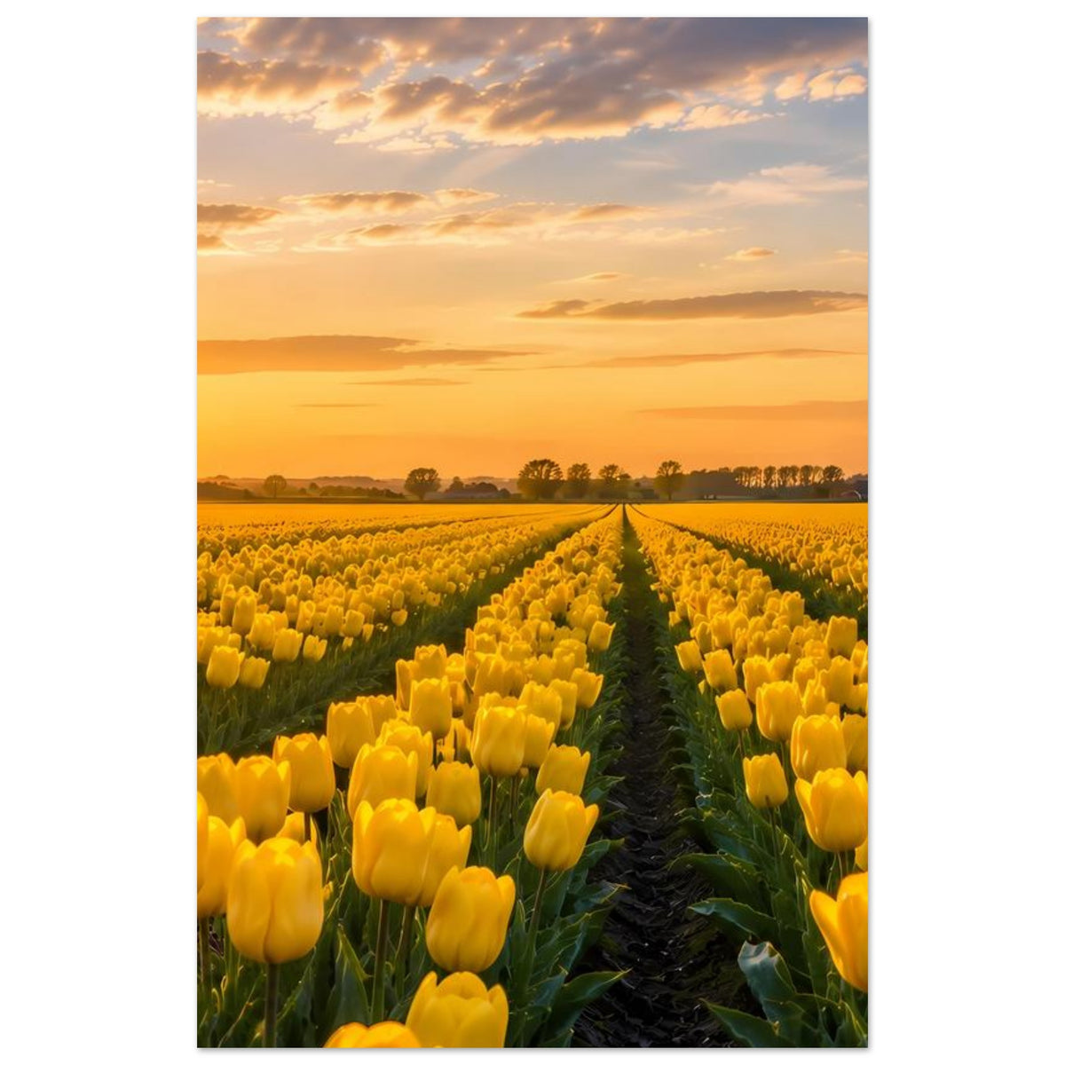 Hochformat-Poster mit gelben Tulpenreihen im Vordergrund und Abendsonne am Horizont
