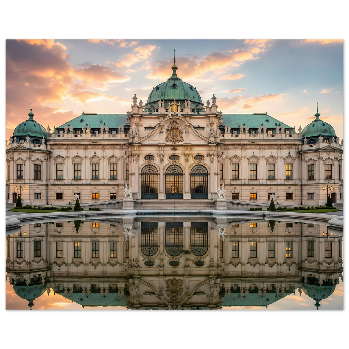 Schloss-Poster: barocker Palast mit grüner Kuppel, Sonnenuntergang, klare Wasserspiegelung