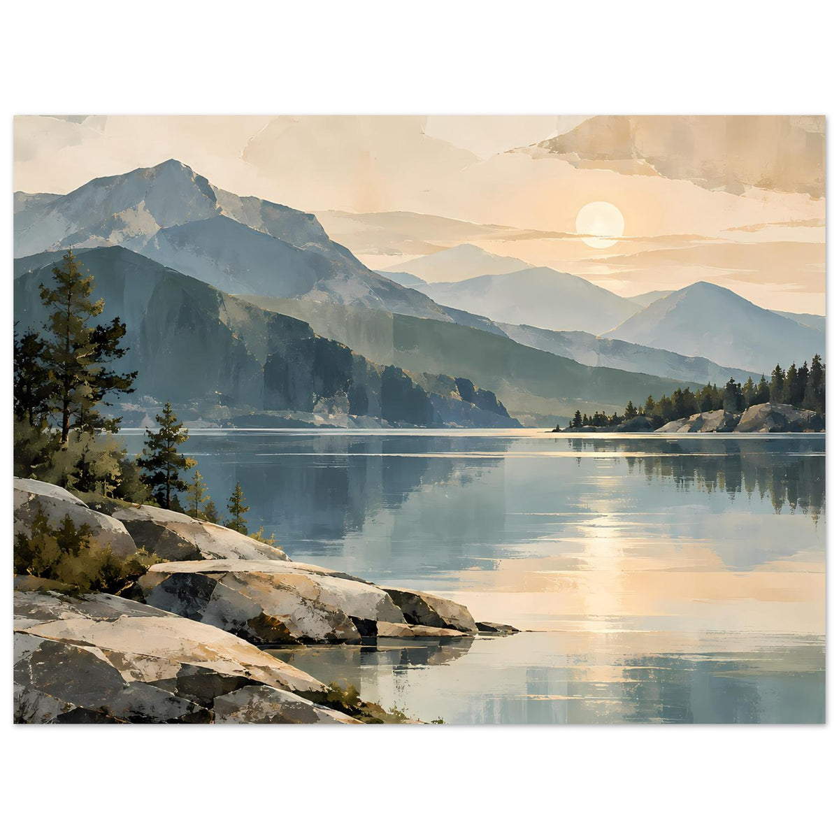 Horizontales Landschaftsposter mit ruhigem Bergsee, Bergen und sanften Sonnenaufgangsfarben