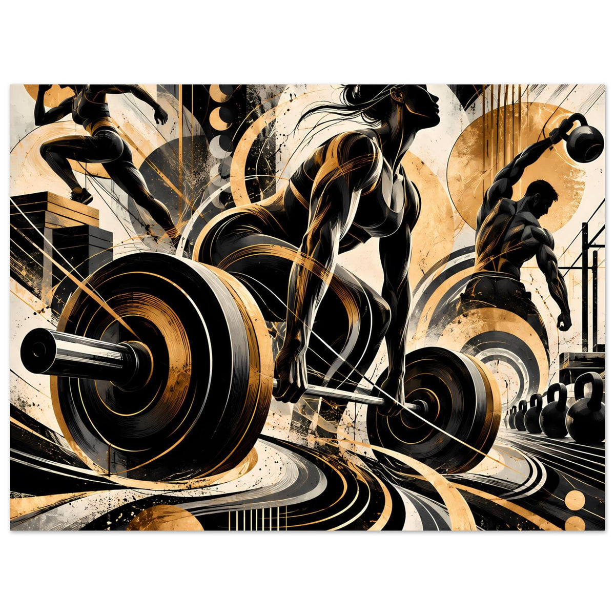 Fitness-Actionposter (Querformat) mit Athleten-Silhouetten und Langhantel, Gold/Schwarz
