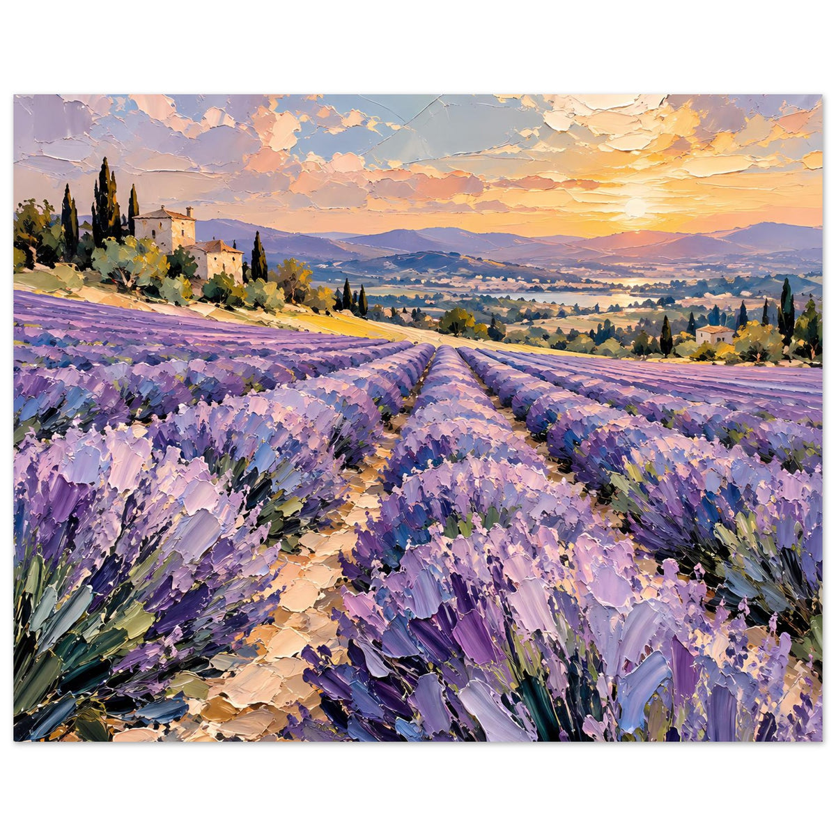 Lavendelfeld-Poster mit violetten Blütenreihen und goldenem Horizontlicht