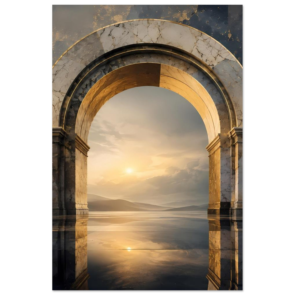 Poster mit Marmor-Rundbogen, goldfarbener Ringstruktur, Blick nach unten in die Szene
