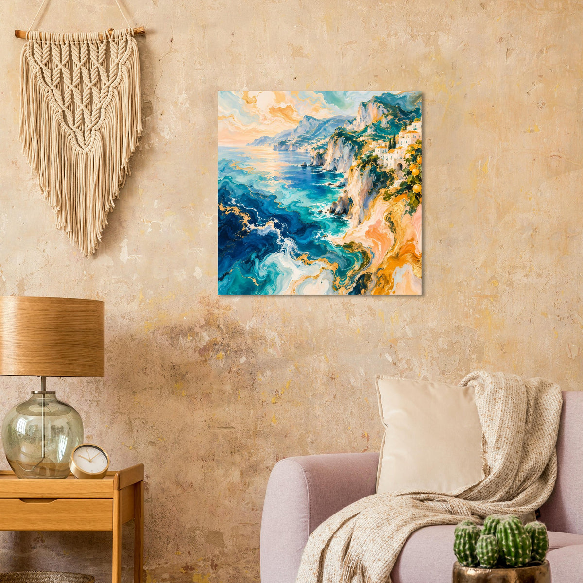 Quadratisches Poster mit Küste, türkisblauem Meer und orange-goldenen Wolken