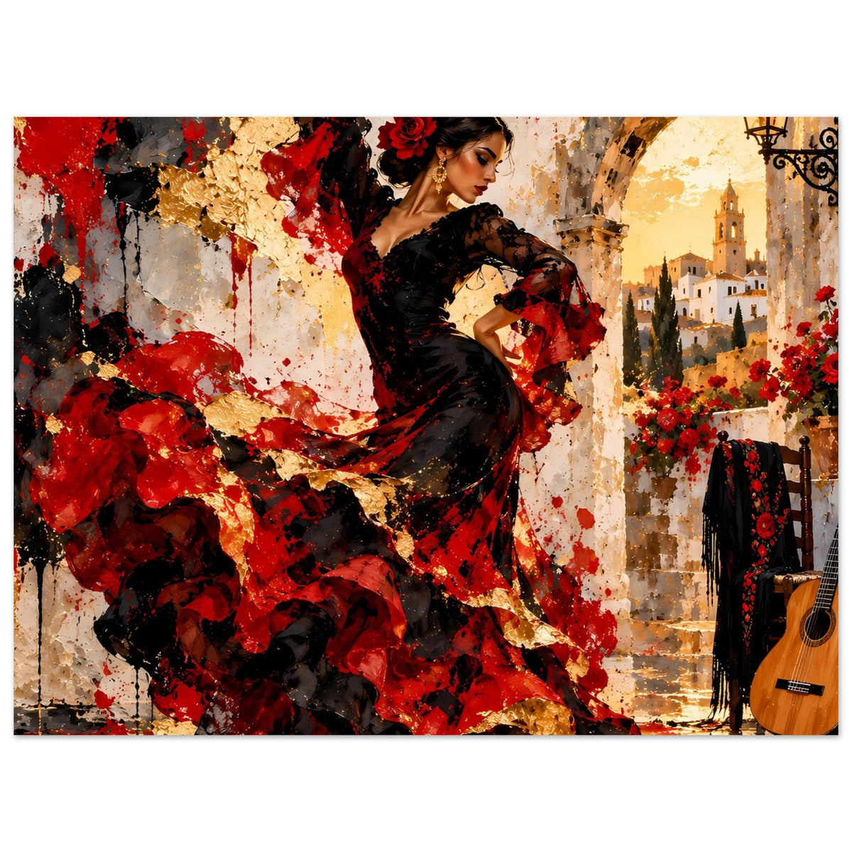 Poster mit Flamenco-Tänzerin in Schwarz-Rot, wehender Rockbahn und erhobenem Arm