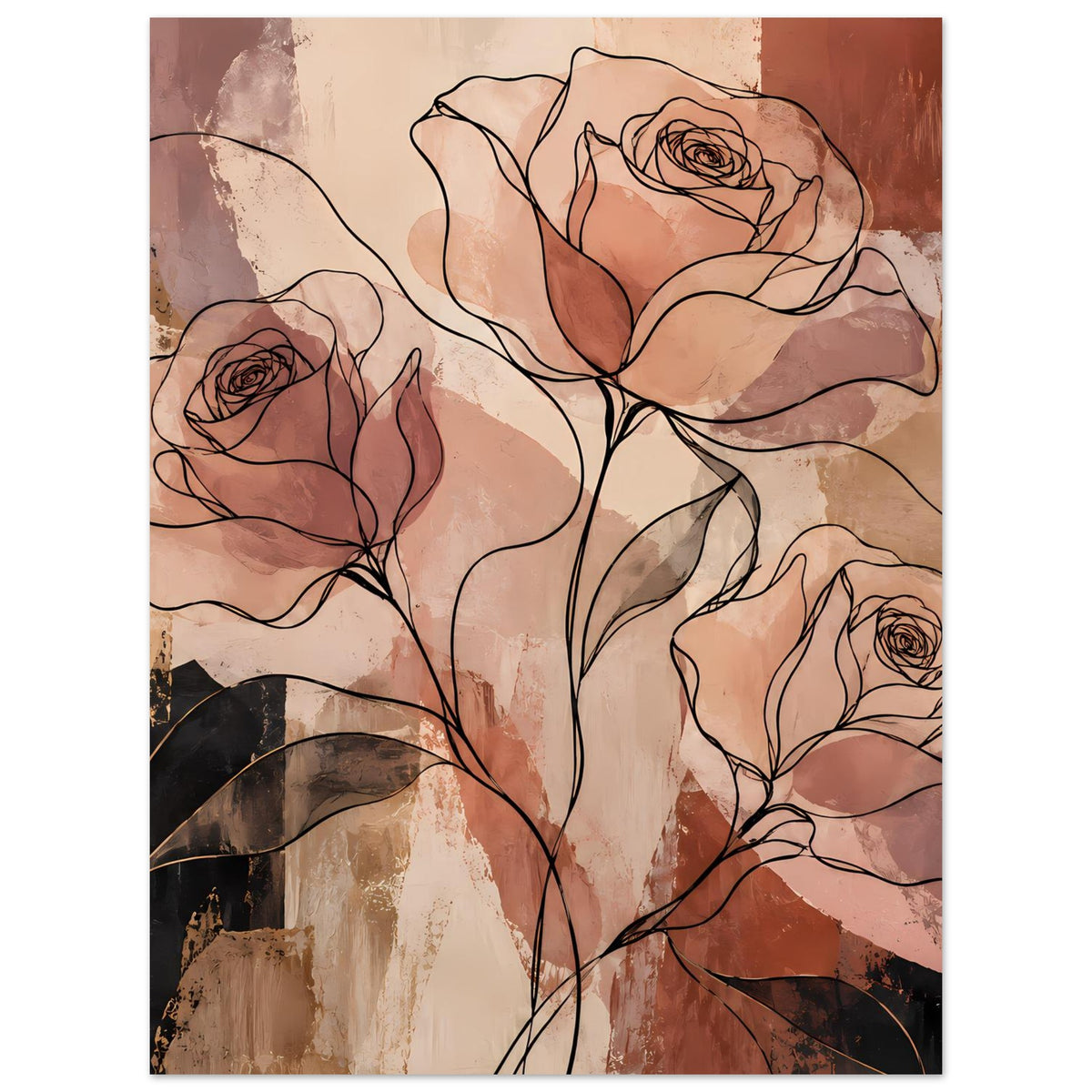 Poster mit abstrakten Rosen in Linienkunst, Terrakotta- und Erdtönen, mit Rahmen