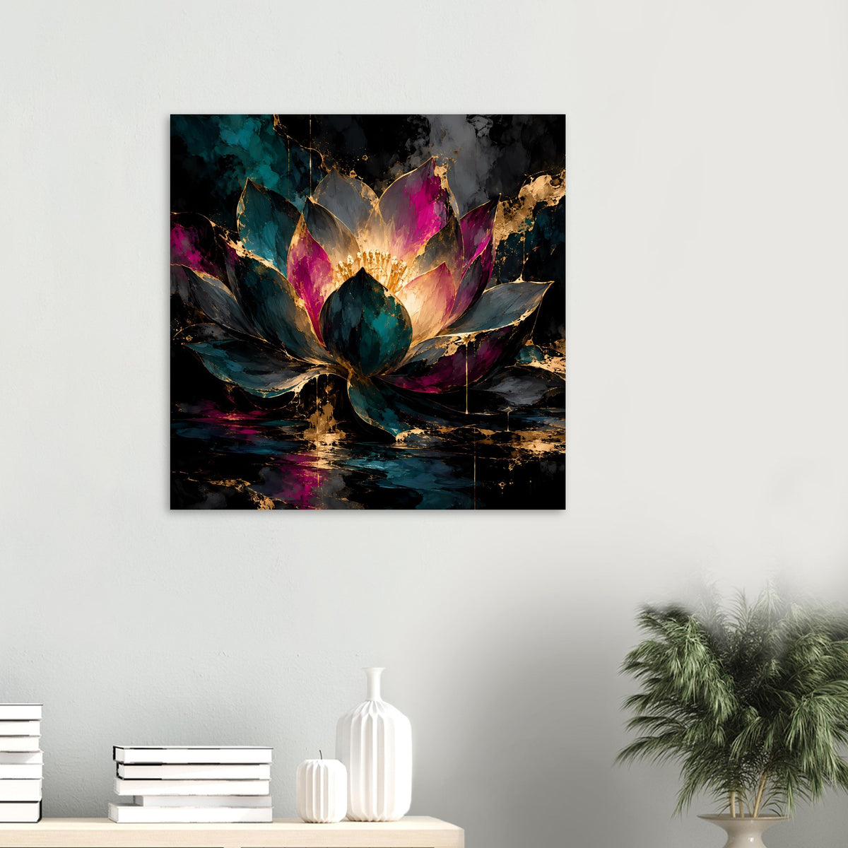 Kunstposter mit Lotusblüte und Wasserlandschaft, türkis, pink sowie goldene Sprenkel