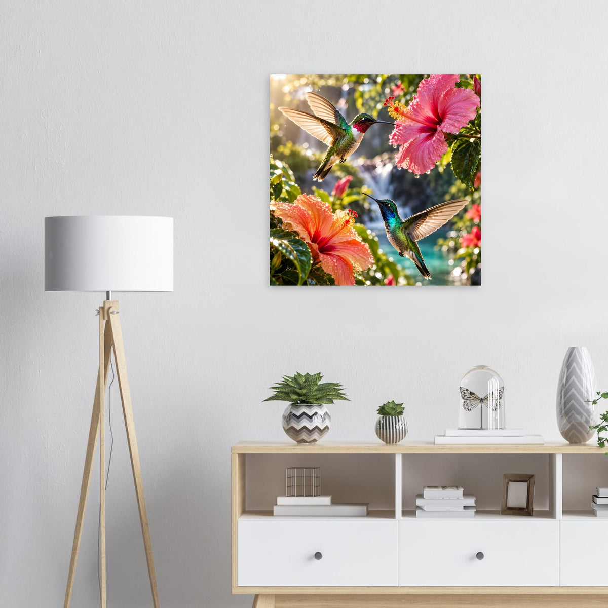 Quadratisches Poster mit Kolibris im Flug und leuchtenden Hibiskusblüten, Nahansicht
