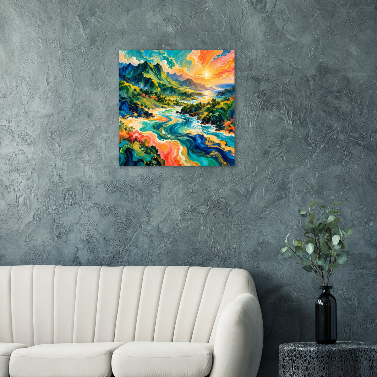 Quadratisches Wandposter mit tropischer Szene, leuchtender Sonne und mehrfarbigem Flusslauf