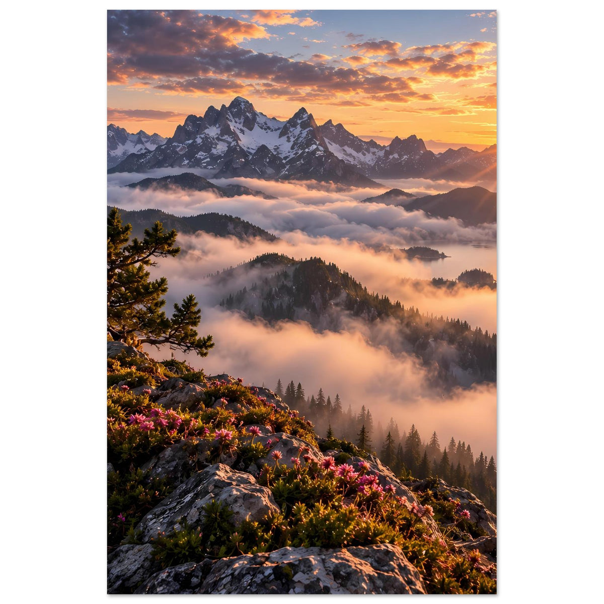 Vertikales Poster mit Bergkette bei Sonnenaufgang über Nebel und bewaldeten Hängen