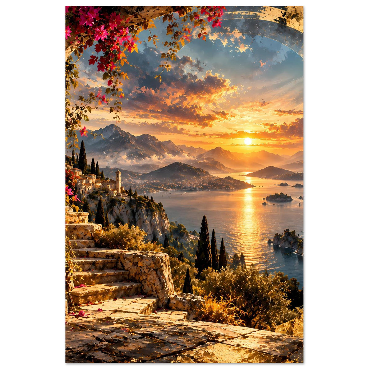 Küstenposter im Hochformat: Sonnenuntergang über Wasser, Berge im Dunst und Treppen