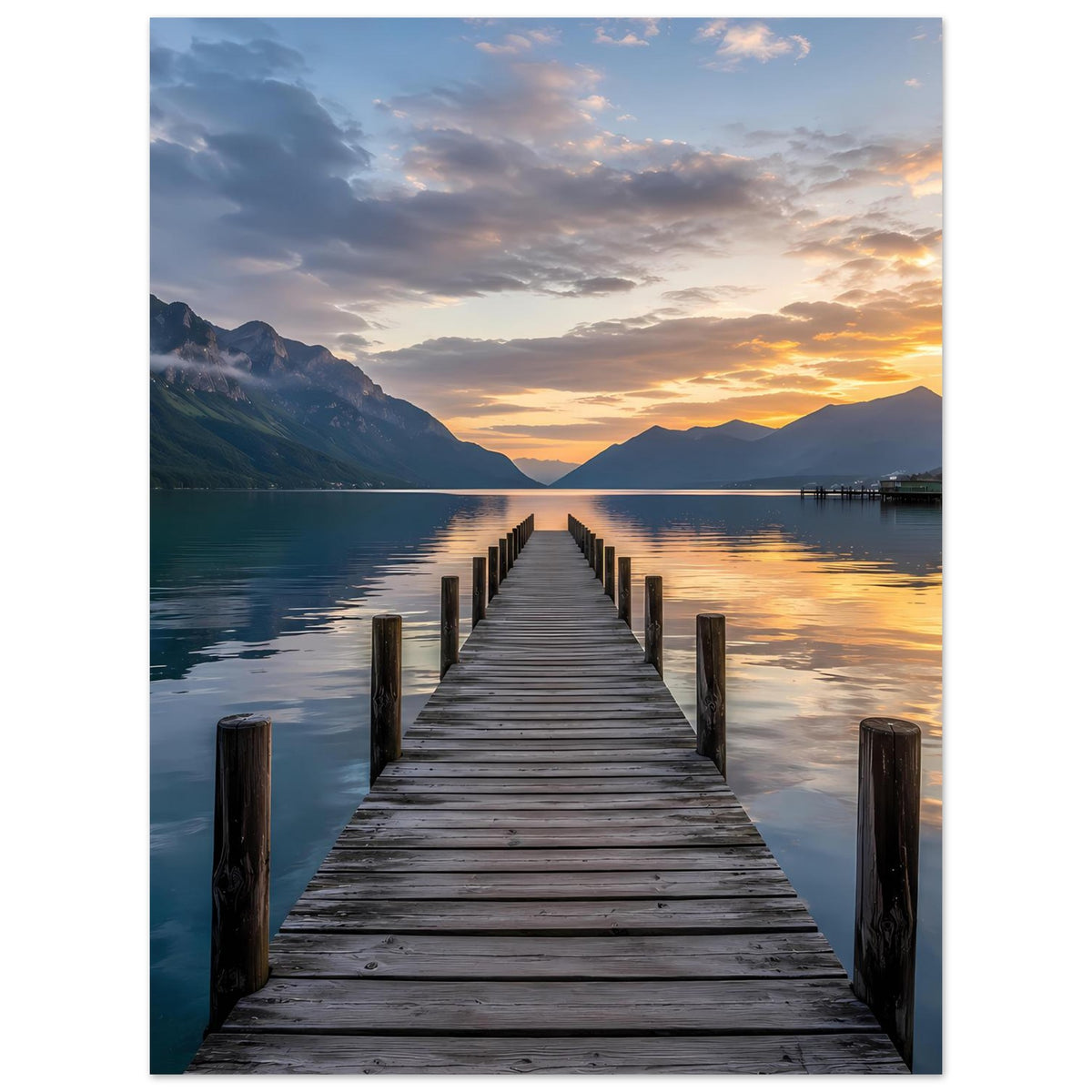 Poster mit Steg über einem See bei Sonnenuntergang, Berge im Hintergrund, Querformat
