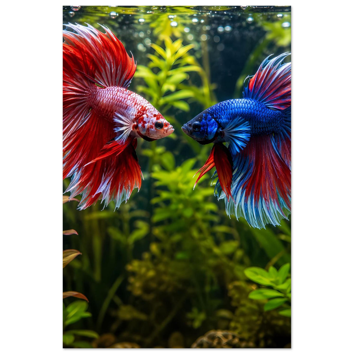 Poster mit zwei Betta-Fischen, roter und blauer Flosse, Hochformat