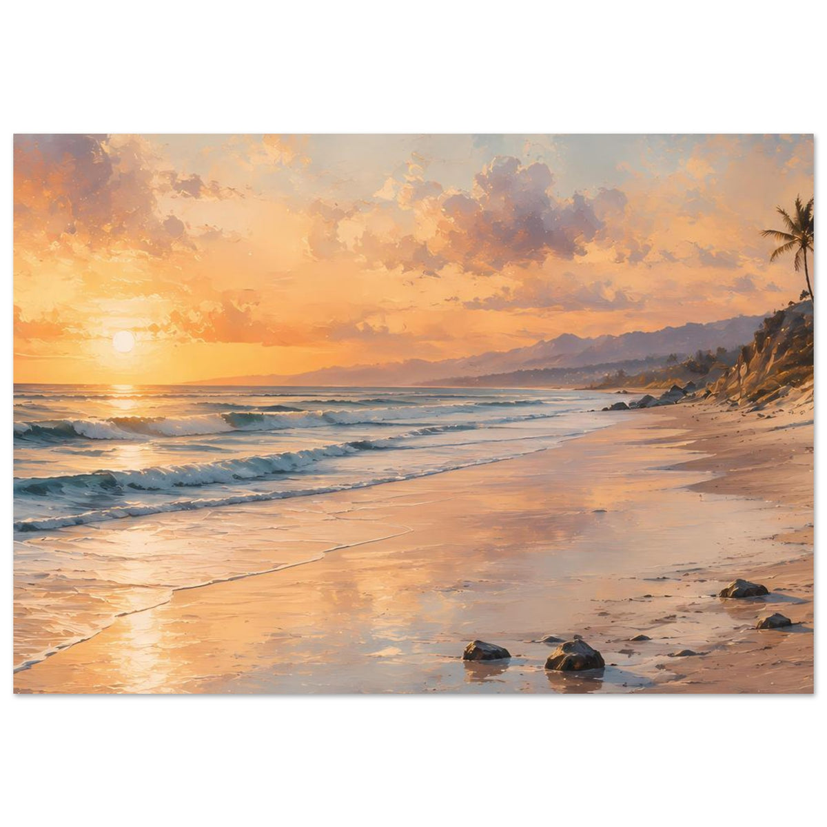 Strandposter auf mattem Papier, Querformat: Sonnenaufgang, goldener Himmel, Wellen und Steine am Ufer.